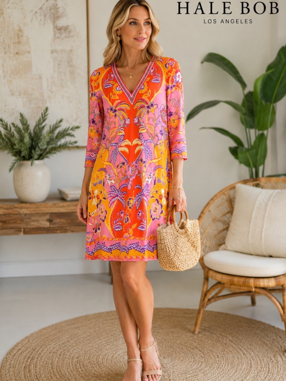 Hale Bob Floral Jersey Dress M Pink Orange V Neck Pockets Boho